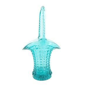 Vintage Imperial Glass Waffle Block Basket Teal Monticello MCM Decorative